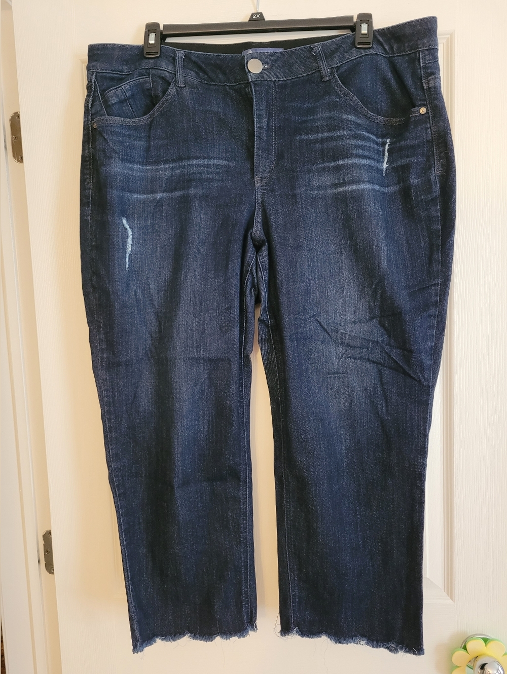 Democracy Dark Indigo "Ab Solution" Cropped Distressed Hem Jeans